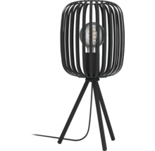 Svart bordslampa med lampskärm i metallribbor och stativfot.