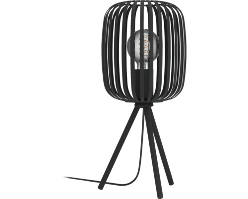 Svart bordslampa med lampskärm i metallribbor och stativfot.