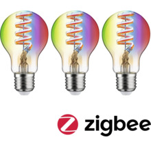Tre LED-lampor med E27-sockel och Zigbee-logotyp