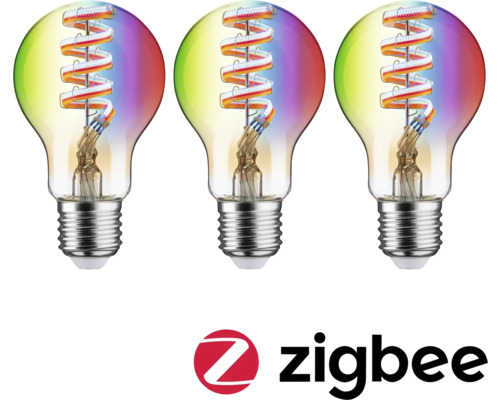 Tre LED-lampor med E27-sockel och Zigbee-logotyp