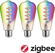 Tre färgade glödlampor med glödtråd och Zigbee-logotyp