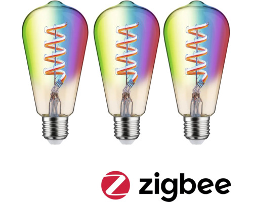 Tre färgade glödlampor med glödtråd och Zigbee-logotyp