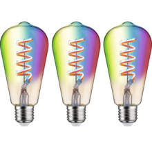 Tre dekorativa LED-lampor med regnbågsfärgad gradient och spiralformad glödtråd.