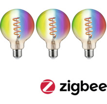 Tre dekorativa glödlampor med spiral och färggradient samt Zigbee-logotyp