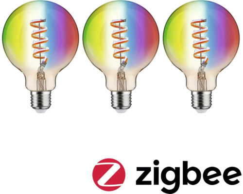 Tre dekorativa glödlampor med spiral och färggradient samt Zigbee-logotyp