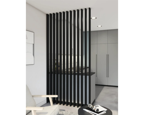 Rumsavdelare lamell till akustikpanel svart 2800x88x22 mm Modernt vardagsrum med rumsavdelare av svarta trälameller