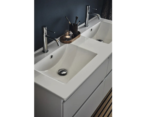 Badrumstvättställ med två handfat och kranar, plus dekoration