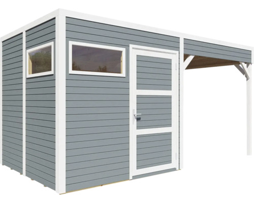 Trädgårdshus med dörr, fönster och täckt område