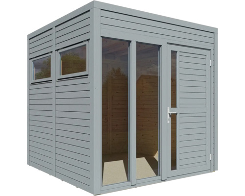 Grått trädgårdshus med fönster och dörr