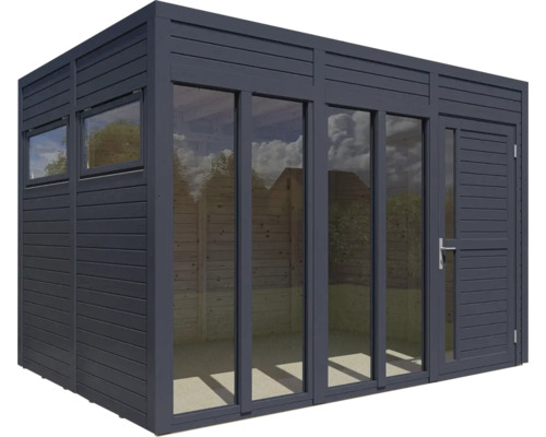 Modern trädgårdshus med fönster och dörr.