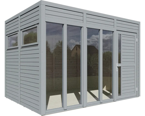 Trädgårdshus med fönster och dörr