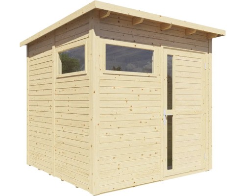 Trädgårdshus i trä med fönster och dörr