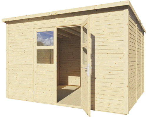 Trädgårdshus i trä med öppna dubbeldörrar och fönster