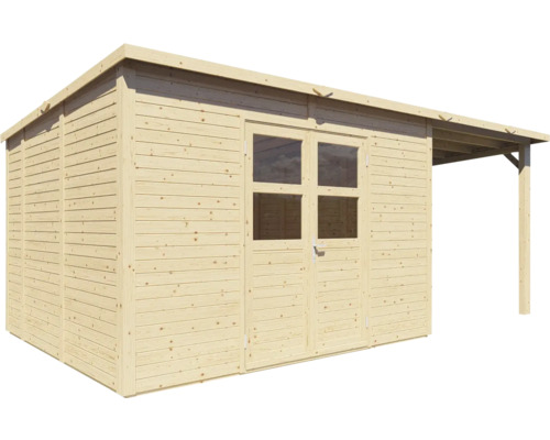 Trädgårdshus av trä med dubbeldörr och tak