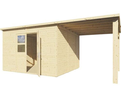 Trädgårdshus i trä med markis och öppen dubbeldörr.