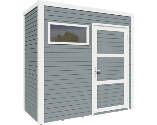 Grått trädgårdshus med fönster och dörr