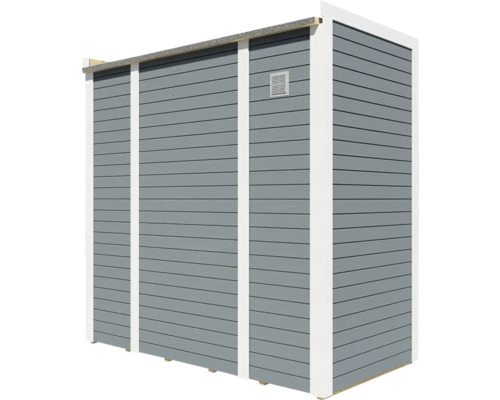 Trädgårdshus med träpanel och ventilationsgaller