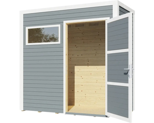 Trädgårdsskjul av trä med fönster och öppen dubbeldörr
