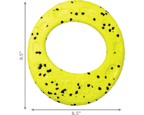 Gul hundleksaksring med svarta fläckar, diameter 21,6 centimeter, bredd 20,3 centimeter