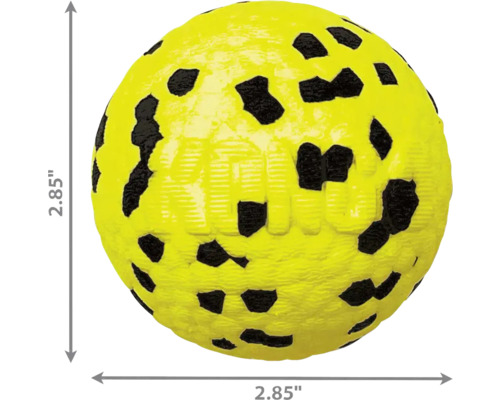 Gul hundleksboll med svarta fläckar och storleksangivelse 2,85 tum