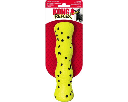 Gul hundleksak med svarta prickar av märket Kong Reflex, flytande
