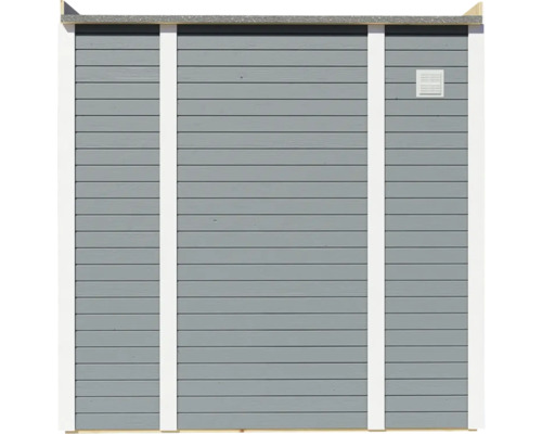 Utsida av ett trädgårdshus med träpanel och ventilation