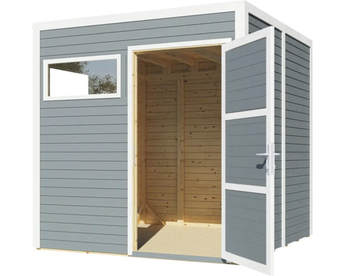 Trädgårdshus med fönster och öppen dubbeldörr i trä