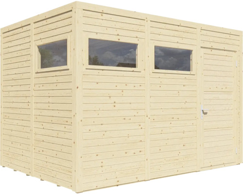 Trädgårdshus i trä med fönster och dörr