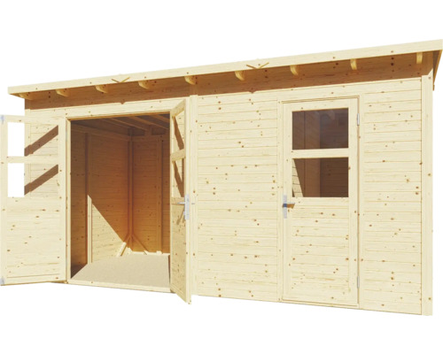 Trädgårdshus i trä med öppen dubbeldörr och en dörr med fönster