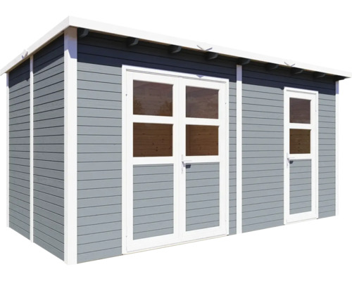 Trädgårdshus i trä med dubbeldörr och enkel dörr