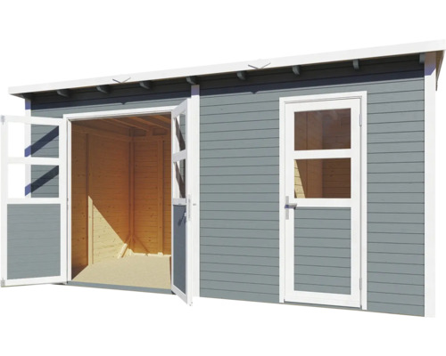 Grått trädgårdshus med öppen dubbeldörr och glasdörr