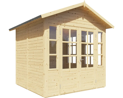 Trädgårdshus i trä med fönster och dubbeldörr