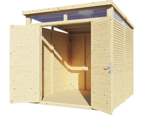 Trädgårdshus i trä med öppna dubbeldörrar och fönster i takdelen.