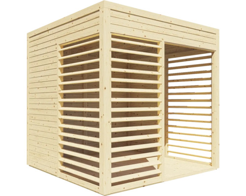 Trädgårdspaviljong i trä med lamellväggar