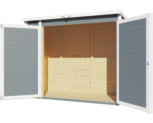 Öppet trädgårdsförråd i trä med dubbeldörr