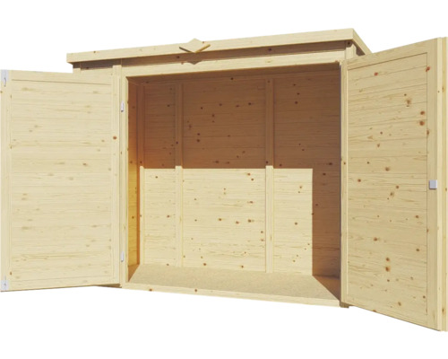 Öppet trädgårdsförråd i trä med dubbeldörr.