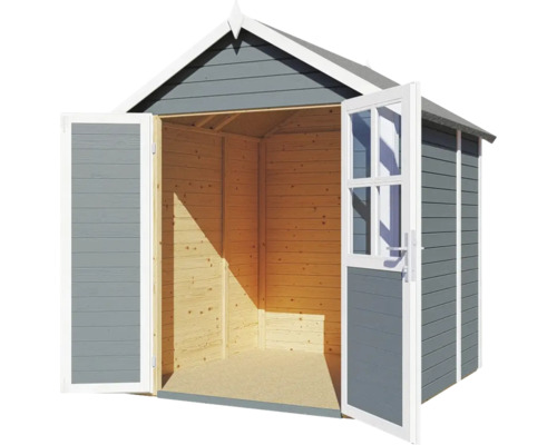 Öppet trädgårdsförråd med träväggar och dubbeldörr