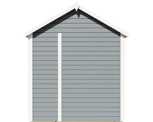 Framifrånvy av en grå trädgårdsbod med horisontell träpanel