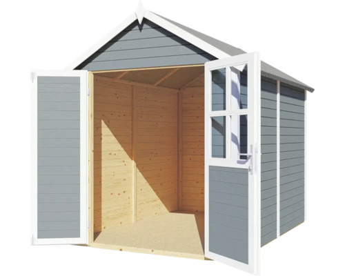 Trädgårdshus med dubbeldörr och glasdörr