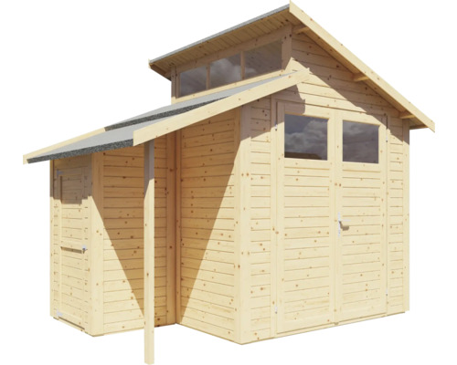 Trädgårdshus i trä med dubbeldörr, fönster och tak.