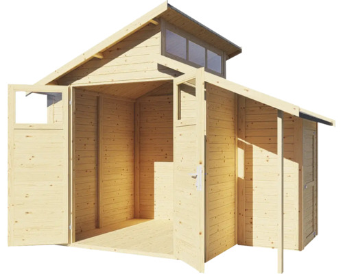 Trädgårdshus i trä med öppna dörrar