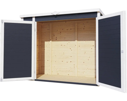 Öppet redskapsbod i trä med dubbeldörr