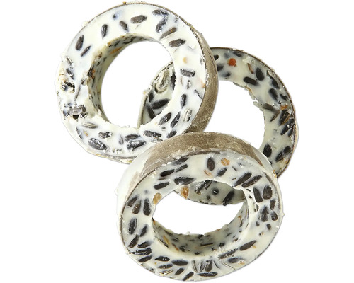 Tre matningsringar för fåglar med fröblandning