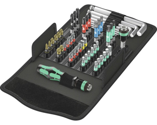 Skuvmejselset WERA Kraftform Kompakt 100 Bitsats med skruvmejselhandtag och insexnycklar i öppet fodral