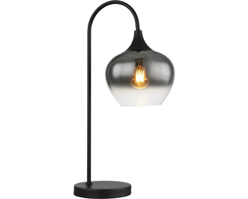 Bordslampa med svart ram och rökfärgad glasskärm