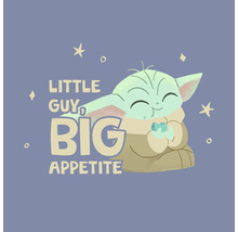 Illustration av Baby Yoda med texten liten kille, stor aptit.
