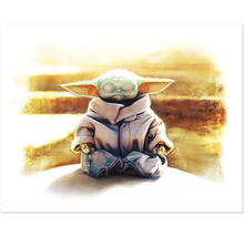 Målning av Baby Yoda i meditationsställning
