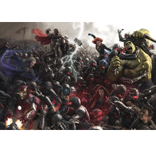 Illustration av en stridsscen med flera Marvel-superhjältar och robotar