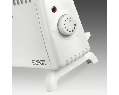 Detaljvy av en värmefläkt med temperaturregulator och Eurom-logotyp