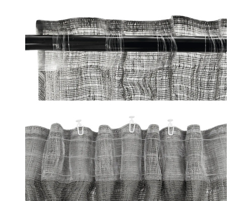 Dekorativ sjal med gardinband och rynkbandsupphängning på en gardinstång